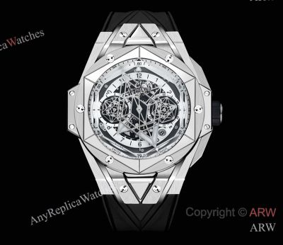 High Quality Replica HUBLOT BIG BANG SANG BLEU II Black Fluororubber Strap White Skeletonized Geometric Face Dial Titanium With Diamond-Set Case Watch 45mm